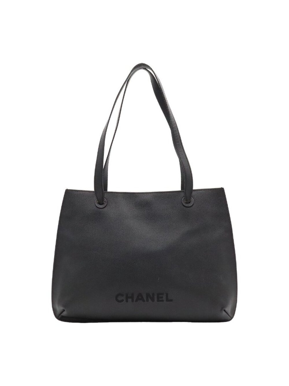 Chanel Logo Embroidery Tote Bag Shoulder Caviar Leather Black Gold